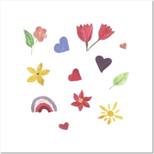 Watercolor cute flowers happy positivie stickers set Posters and Art